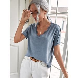 Lace V Neck Trim Short Sleeve Tee Dusty Blue minimalist preppy